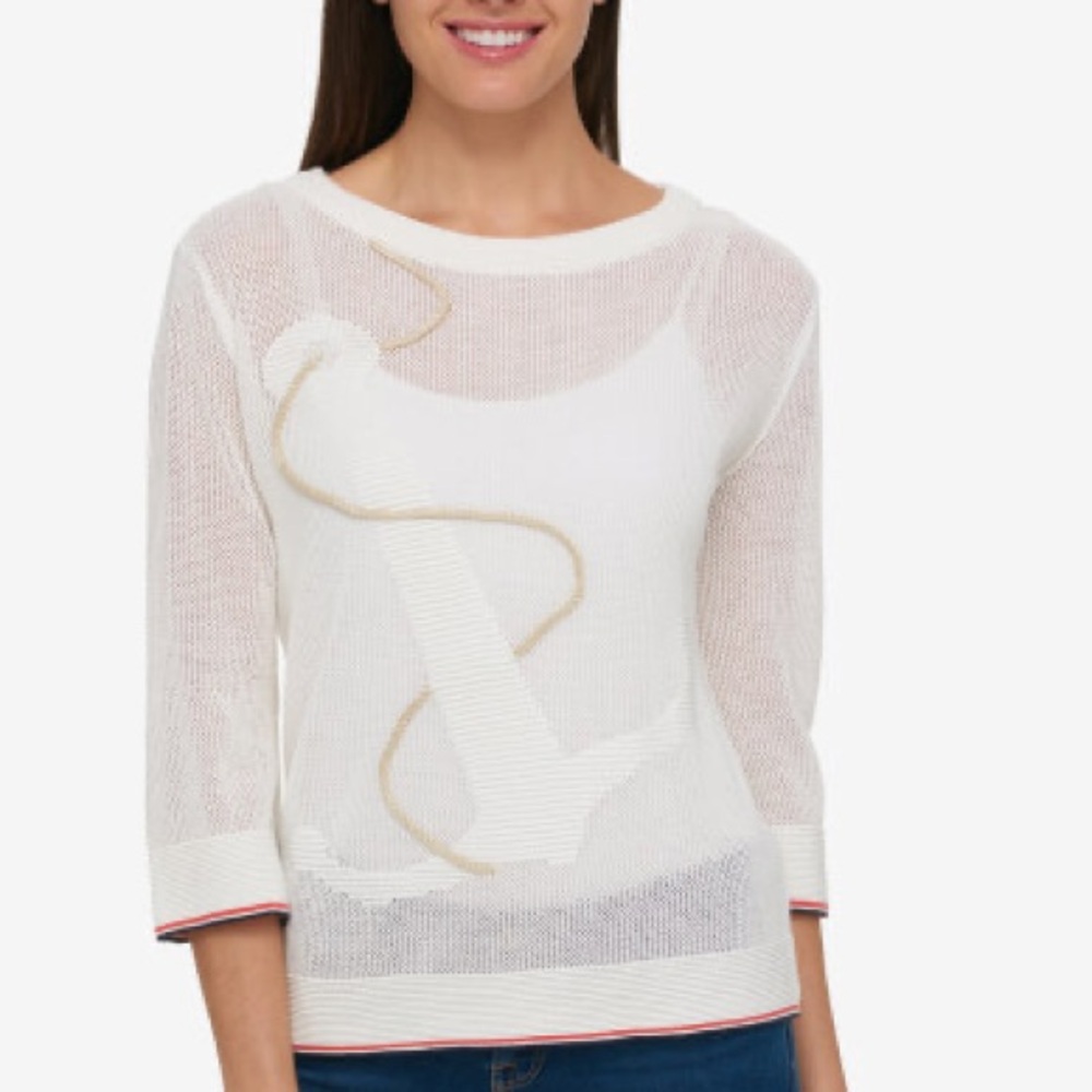 Tommy Hilfiger Cream Knit Spring Sweater with Anchor/Rope Design Size L EUC